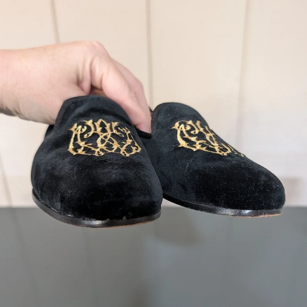 Stubbs & Wootton Black Velvet Embroidered Crest Smoking Flat Slippers 7.5 AA